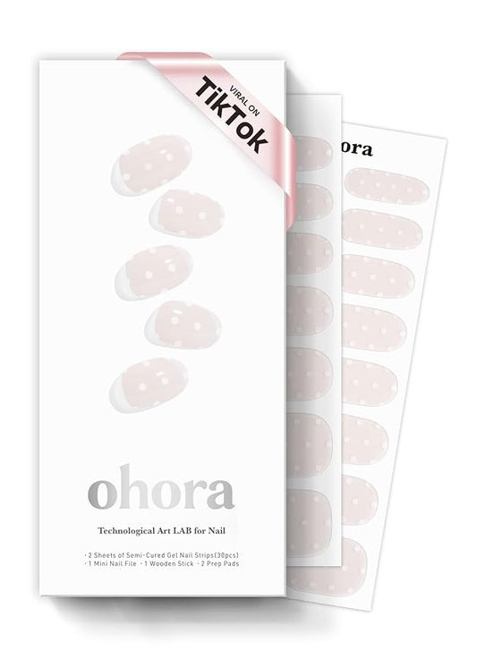ohora Semi Cured Gel Nail Strips (N Polka Blanc) - Works with Any Nail Lamps, Salon-Quality, Long Lasting, Easy to Apply & Remove - Includes 2 Prep Pads, Nail File & Wooden Stick