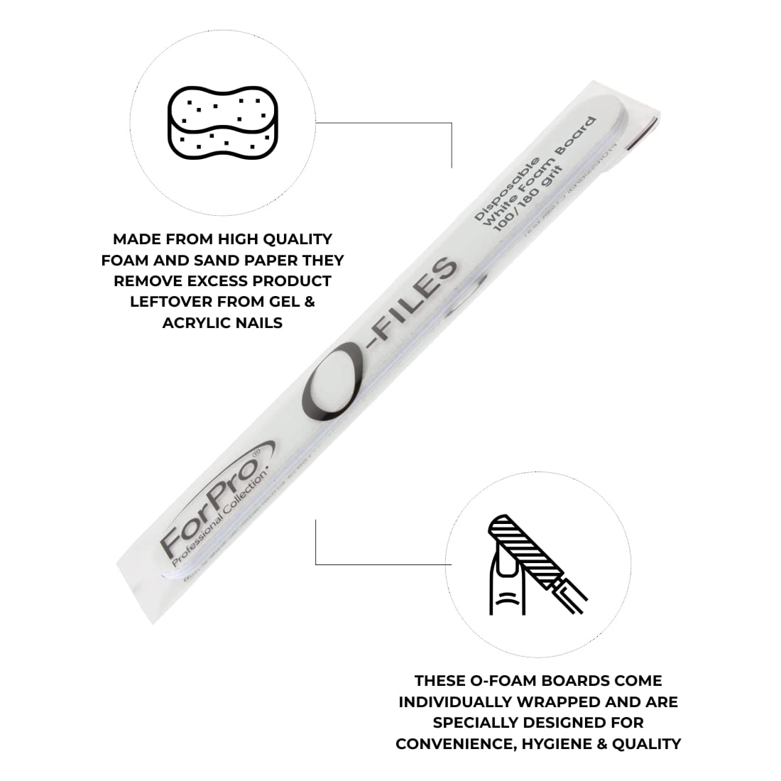 ForPro Professional Collection O-Files Foam Board, Double-Sided Manicure Nail File, 100/180 Grit, Individually-Wrapped, 6" L x .75" W, White, 100-Count