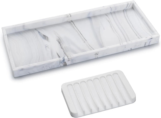 Bloss Counter Marble Tray and Soap Holder - 15.7" Silicone Bathroom Vanity Trays for Kitchen Counter, Toilet Tank Tray, Great Storage Trays for Perfume, Jewelry,Candle, Key