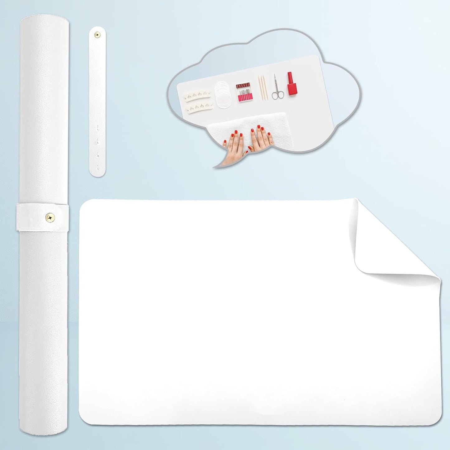 Double-sided Nail Table Mat for Nail tech - Soft Microfiber PU Leather Nail Desk Mat - Foldable Nail Art Table Mat Acetone Resistant for Nails Salon Home (White) (Mat Only)