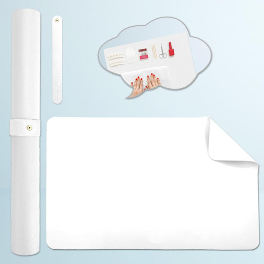 Double-sided Nail Table Mat for Nail tech - Soft Microfiber PU Leather Nail Desk Mat - Foldable Nail Art Table Mat Acetone Resistant for Nails Salon Home (White) (Mat Only)