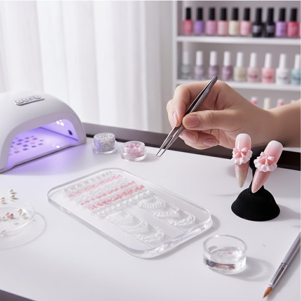 3D Lace Ruffle Nail Art Mold, Bowknot Flower Edge Soft Gel/Resin DIY Decoration Making, Clear Silicone Carving Tool for Acrylic & Gel Nail Extension Tips