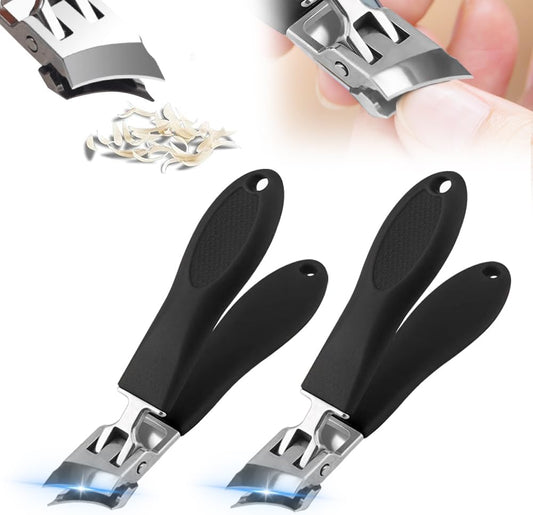 Wide Jaw Opening Anti-Splash Slanted Nail Clipper, Fingernail and Toenail Clippers Clippers for Ingrown Nails, Curved Toenail Clippers for Thick Nails, Household Slanted Nail Clippers (Black 2pcs)