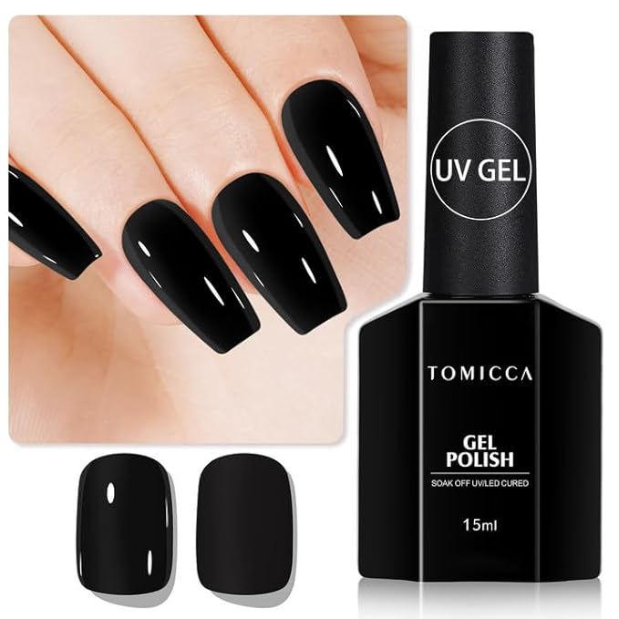 TOMICCA Black Gel Nail Polish, 15ml Fast Dry, Long Lasting Soak Off UV Gel Polish for French Manicure Nail Art