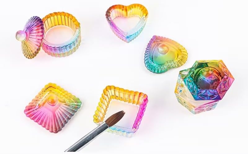 A Set of Multicolour Hexagonal Prism Crystal Glass Dish with Lid,Hexagonal Prism Crystal Cup Acrylic Liquids Powder Glass Dish With Lid Crystal Bowl For Salon and Home,Nail Art and Polish