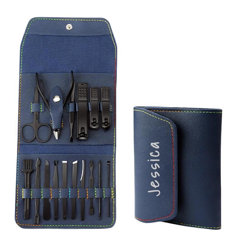 Custom Manicure and Pedicure Set, Customize 16 in 1 Nail Care Kit with Nail Clippers, Cuticle Trimmer, Tweezers, Metal File, Pedicure Tools for Home, Travel or Christmas Birthday Gift Use (Black)