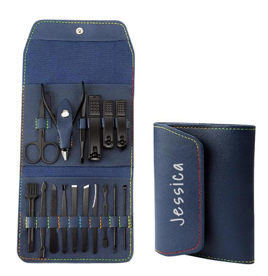 Custom Manicure and Pedicure Set, Customize 16 in 1 Nail Care Kit with Nail Clippers, Cuticle Trimmer, Tweezers, Metal File, Pedicure Tools for Home, Travel or Christmas Birthday Gift Use (Blue)