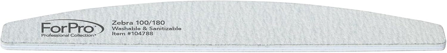 ForPro Professional Collection Half Moon Foam Boards, Zebra, 100/180 Grit, Double-Sided Manicure and Pedicure Nail Files, 7” L x 1.1” W, 12-Count (Pack of 12)