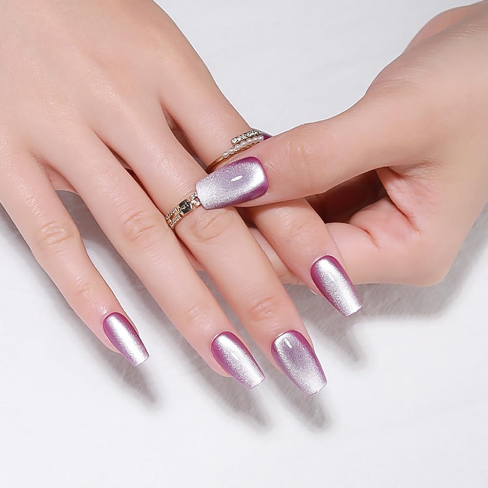 evpct Purple Cat Eye Coffin Press on Nails Square Medium, Medium Square Glue on Nails for Women Gift, Lavender Purple Metallic Glitter Glossy Reusable Summer Gel Press on Fake Nail with Designs, 24Pcs