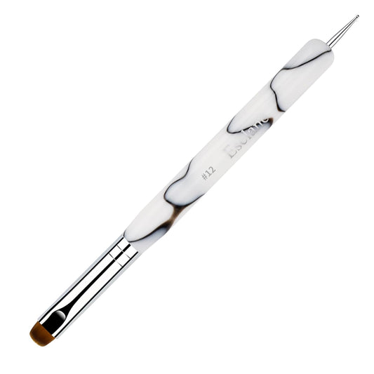 Esclane 2 Way French Nail Brush with Dotting Tool, White Marble Acrylic Handle, Nylon Head, Flat Tongue, French Tip Brush (#12)