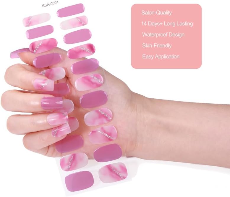 No Lamp Gel Nail Strips 22 Pcs Wraps - Halo Purple, Easy Apply Gel Nail Stickers Long Lasting, Salon-Quality, 2 Prep Pads, 1 File, 1 Wooden Stick