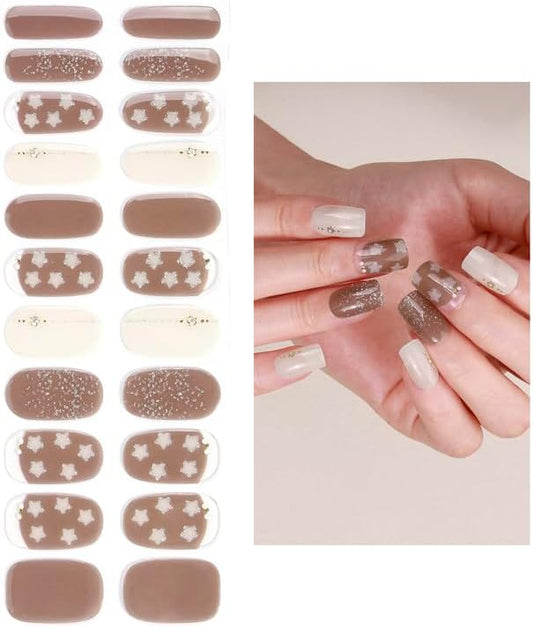 No Lamp Gel Nail Strips 22 Pcs Wraps - Taupe, Easy Apply Gel Nail Stickers Long Lasting, Salon-Quality, 2 Prep Pads, 1 File, 1 Wooden Stick