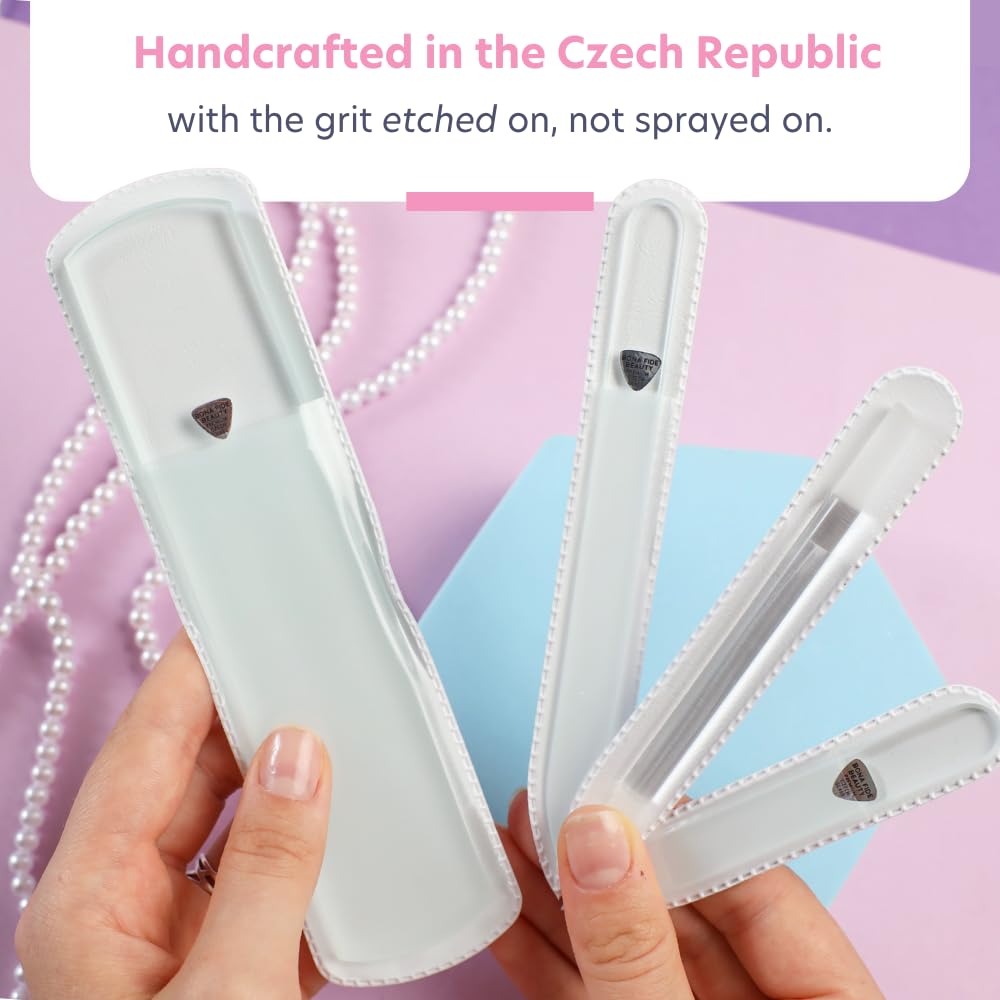 Bona Fide Beauty Nail Kit: Handmade from Czech Glass, Perfect Gift for Teenage Girl, 4PC Gift Set in Clear Color - Foot File, Traveil Nail File, Glass File, 1 Cuticle Pusher