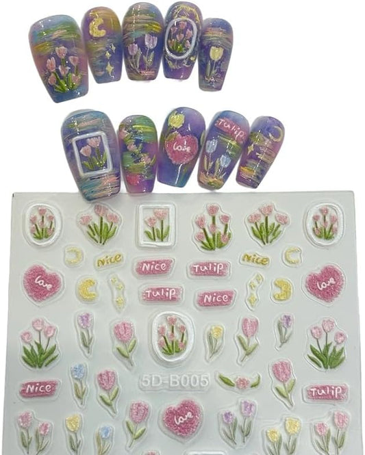 3D Embossed Nail Stickers - Pink Tulip Design, Cute Fresh Self-Adhesive Nail Art Decals for Women Girls A Set of 1 Sheets