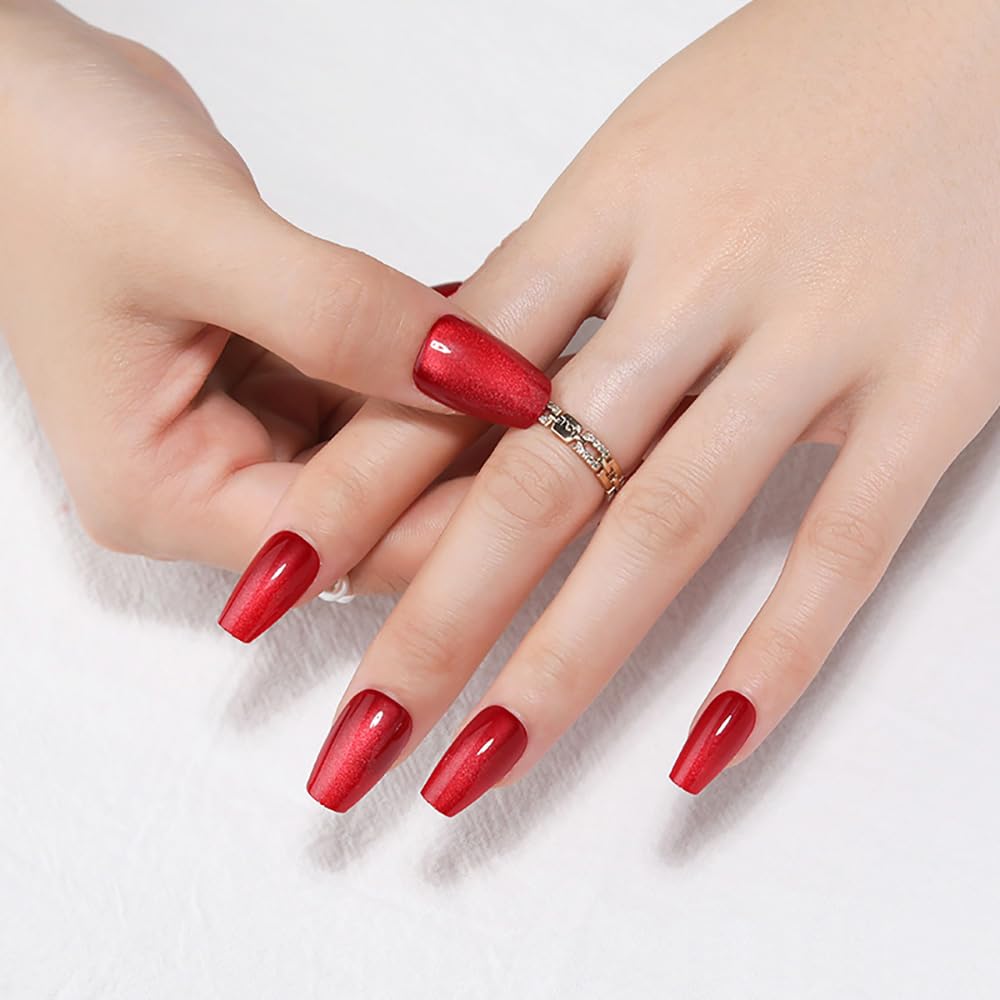 evpct Red Cat Eye Press on Nails Square Medium Coffin, Medium Square Glue on Nails for Women Gift, Red Metallic Glitter Glossy Reusable Spring Summer Stick Gel Press on Acrylic Fake Nail with Designs