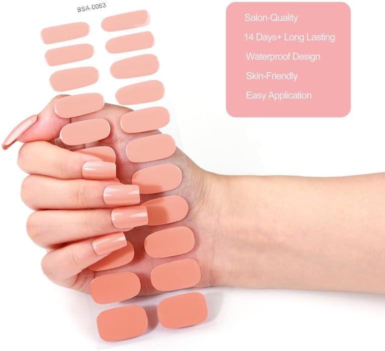 No Lamp Gel Nail Strips 22 Pcs Wraps - Pale Orange, Solid, Easy Apply Gel Nail Stickers Long Lasting, Salon-Quality, 2 Prep Pads, 1 File, 1 Wooden Stick