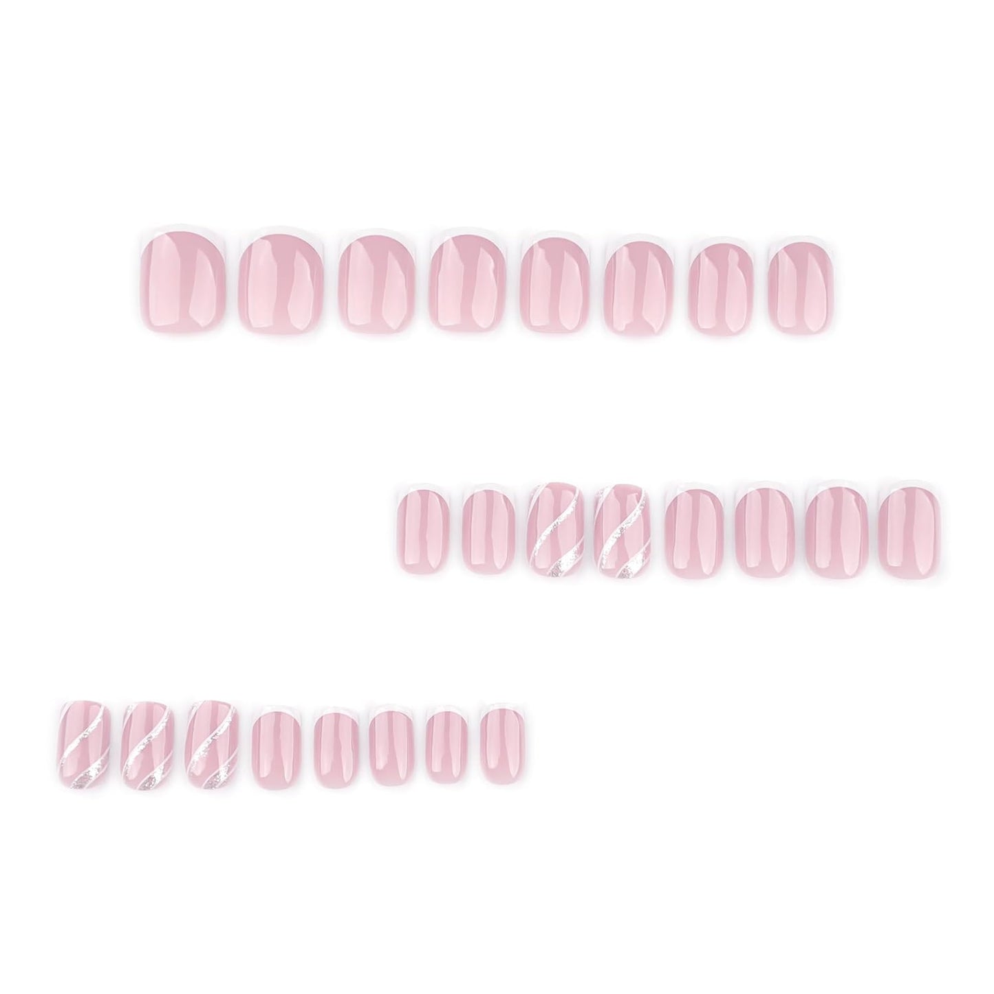 French Press On Nails Short Square, Nude Fake Nails with White French Tips, Delicately Adorned with Silver Streaks, Glossy Gel Finish, Thick Natural Reusable Glue On Nails Kit for Women 24Pcs
