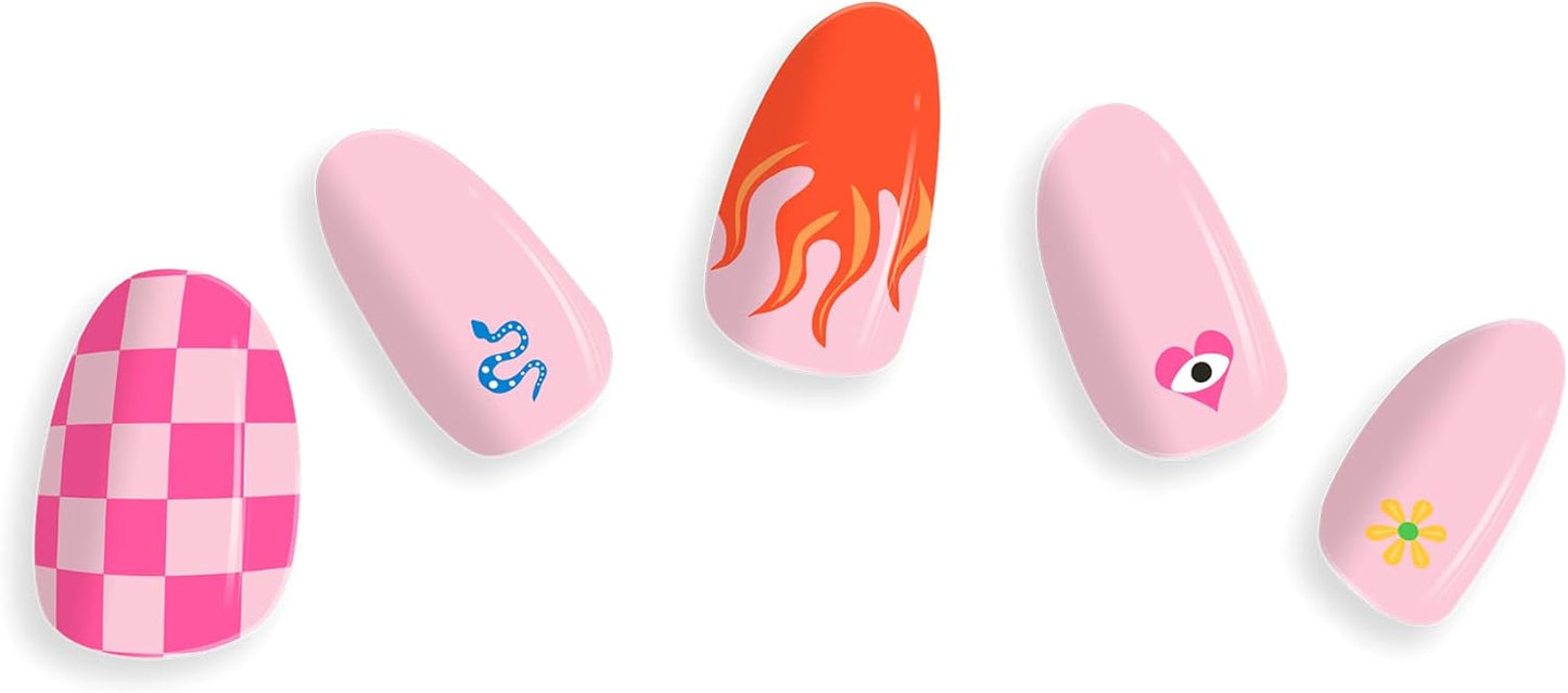 Semi Cured Gel Nail Strips - Trendy Nail Polish Wraps Works with Any UV Lamp - Long Lasting Easy Salon Manicure - 24pcs with 2 Prep Pads, Nail File & Cuticle Stick (Wild Card)