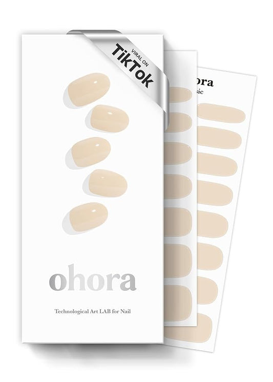 ohora Semi Cured Gel Nail Strips (N Cream Base) - Nude, Solid, Works with Any UV/LED Lamps, Salon-Quality, Long Lasting, Easy to Apply & Remove - Includes 2 Prep Pads, Nail File & Wooden Stick