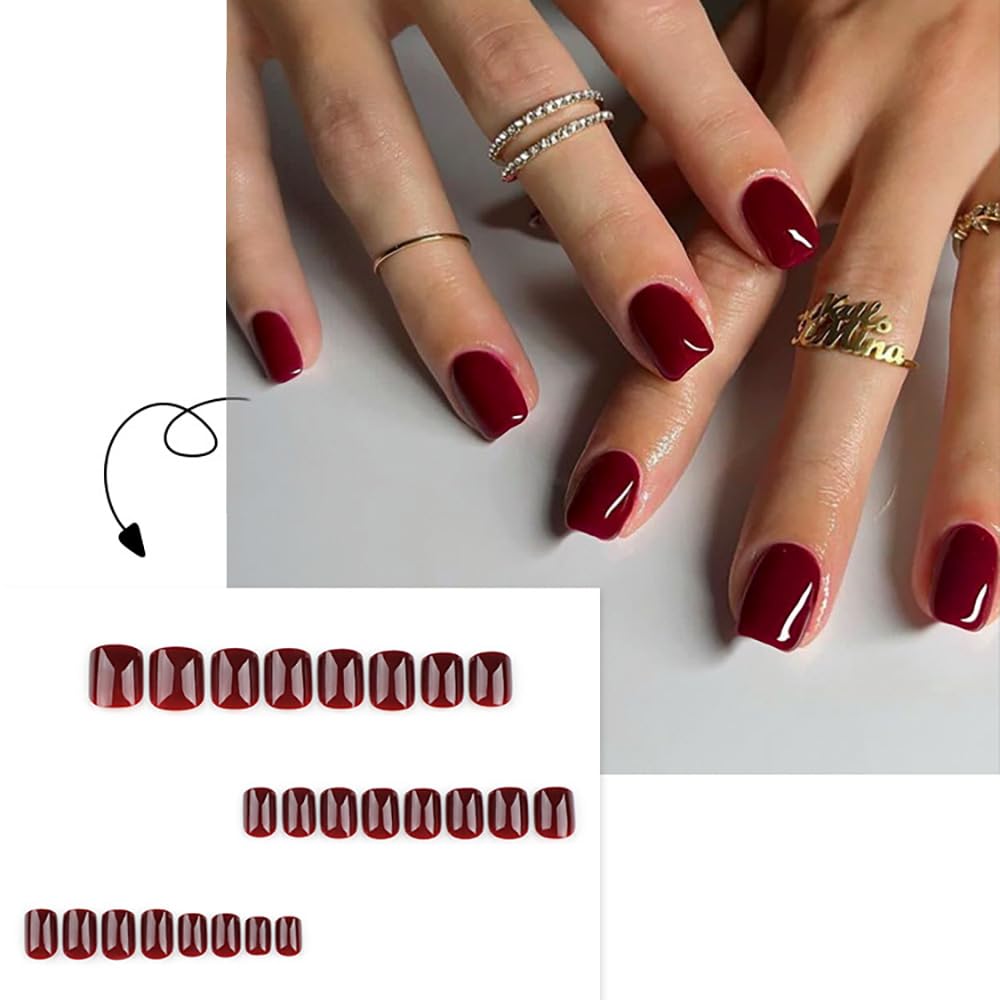 Wine Red Press on Nails Short Square, Burgundy Glossy Fake Nails Kit, Fashion Glossy Acrylic Press on Nails, Natural Stick on Nails, Thick Reusable Glue on Nails Short Press on Nails for Women, 24Pcs