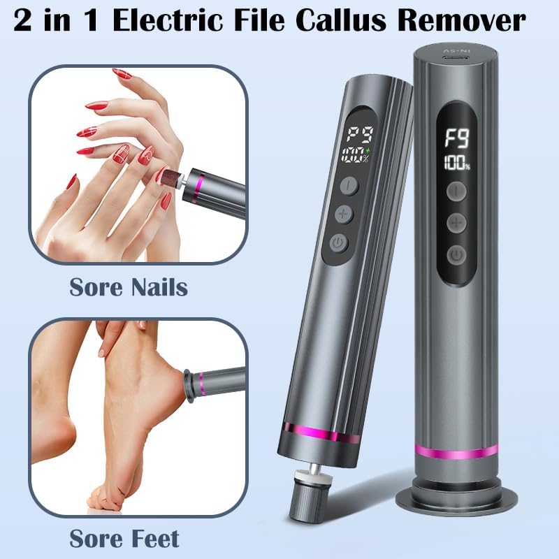 Ideal Swan 2 in 1 Electric Feet Callus Remove, Professional Speed Foot File Pedicure Tools, Gray 9 Adjustable Speeds Electric Foot Callus Remover for Cracked, or Tough Skin and Calluses(Gray)