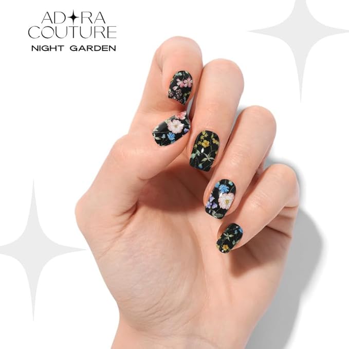 Semi Cured Gel Nail Strips with 30 Pieces - UV Gel Stickers, Manicure Kit, Easy Application Wraps Includes Prep Pads, Nail File, Wooden Stick - UV Light Required (Black Garden)