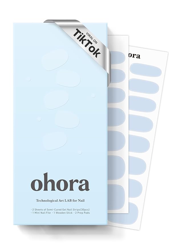 ohora Semi Cured Gel Nail Strips (N Greyish Blue) - Works with Any Lamps, Salon-Quality, Long Lasting, Easy to Apply & Remove - Includes 2 Prep Pads, Nail File & Wooden Stick