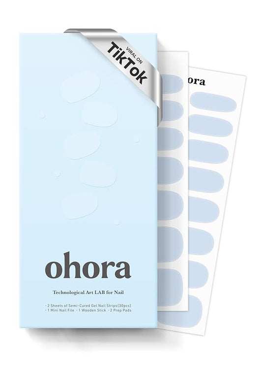 ohora Semi Cured Gel Nail Strips (N Greyish Blue) - Works with Any Lamps, Salon-Quality, Long Lasting, Easy to Apply & Remove - Includes 2 Prep Pads, Nail File & Wooden Stick
