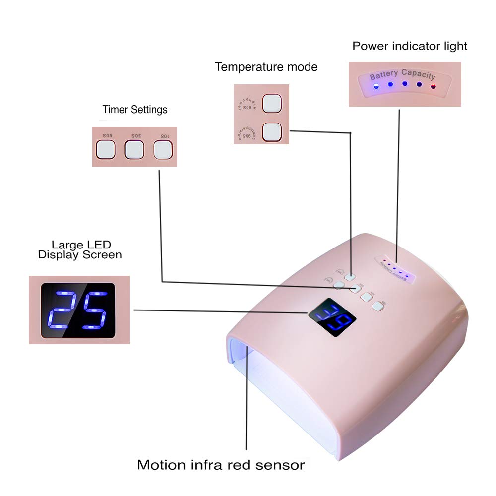 48W Rechargeable UV LED Nail Lamp,Cordless Professional Gel Nail Lights Nail Art Manicure Tools for Home and Salon (Pink)