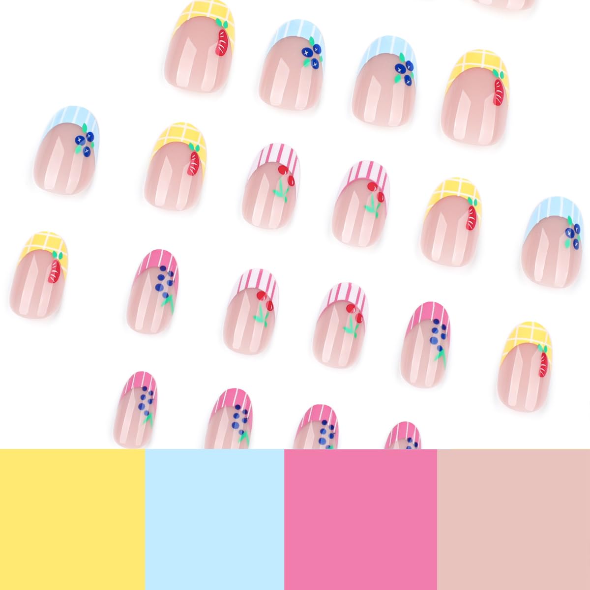 Summer Fruit Press On Nails Oval Shape, Colorful Striped Fake Nails with Cute Cherry Grape Orange Blueberry Designs, Glossy Gel Finish Acrylic Reusable Glue On Nails for Women, 24 Pcs