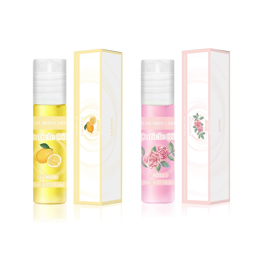 2pcs Cuticle Oil Roller Nourishing Cuticle Oil for Nails Hydrating and Cuticles Moisturizing Nail Care Products(Lemon & Rose)