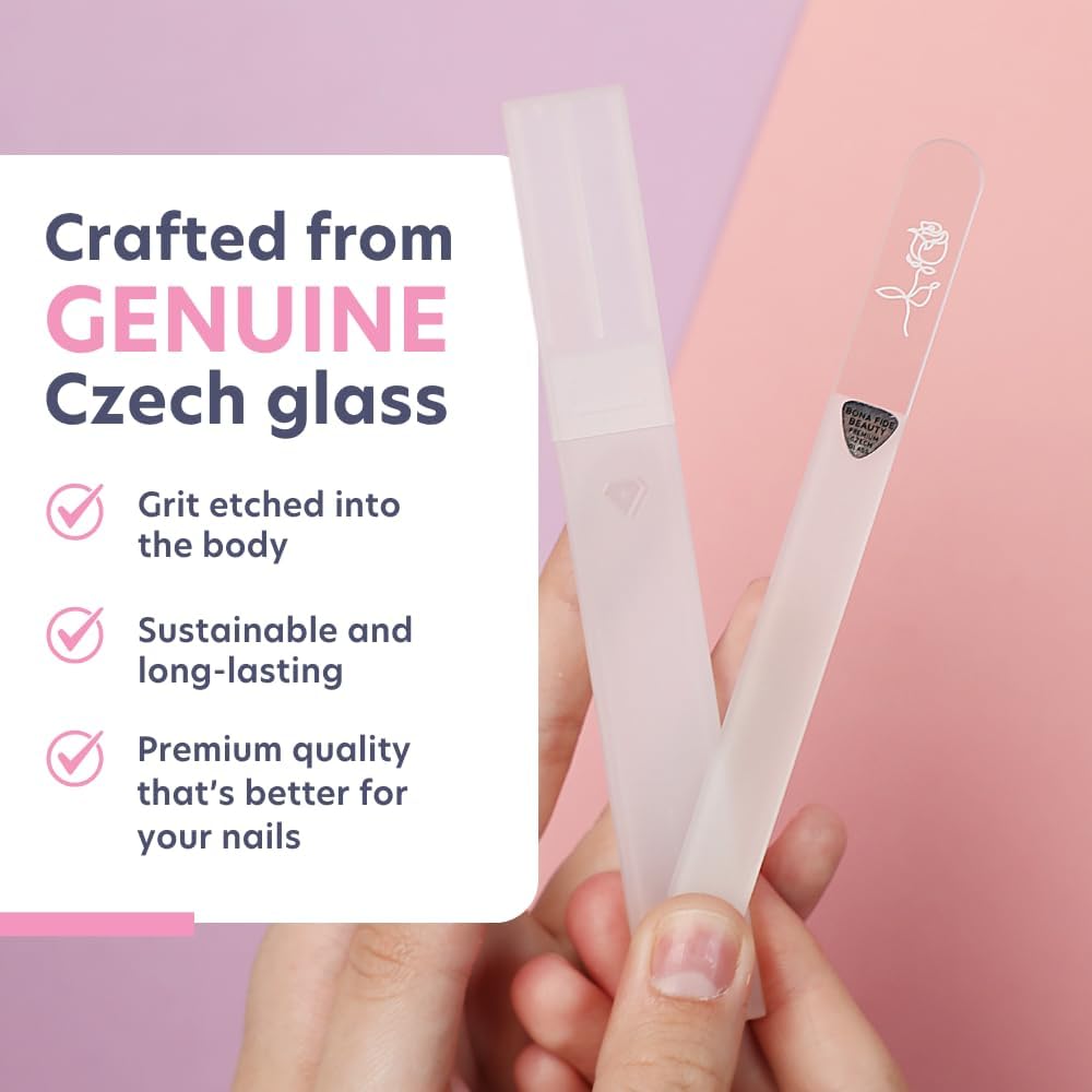 Bona Fide Beauty Czech Glass Nail File with Hardcase, Rose Design Nail Filer with New Clear Case, Gift for Women