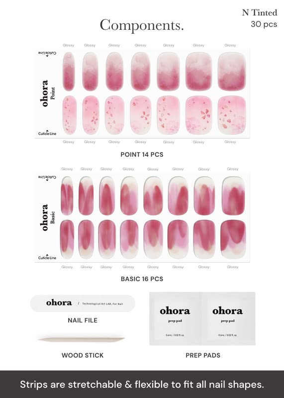 ohora Semi Cured Gel Nail Strips (N Tinted) - Pink, Tint, Works with Any UV/LED Lamps, Salon-Quality, Long Lasting, Easy to Apply & Remove - Includes 2 Prep Pads, Nail File & Wooden Stick