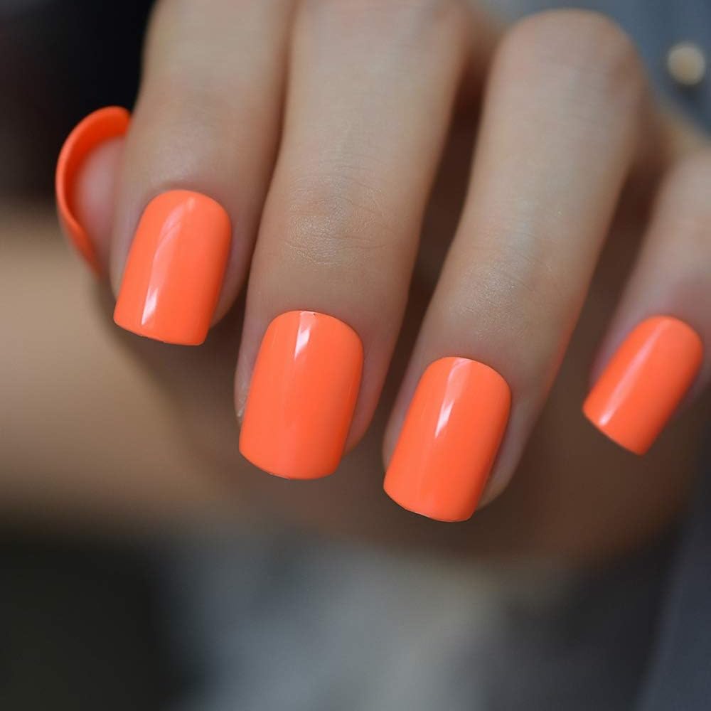 Orange Press On Nails Square, Medium Press On Nails, Glossy Press On Nails, Glue On Nails, Full Cover Fake Nails, Perfect Fit False Nails, Stick On Nails for Women, Orange Nails