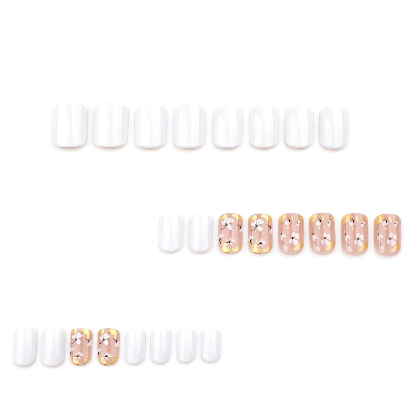 Summer Press on Nails Short Square, White Fake Nails with a Few Nude Nails Featuring Delicate Gold-Foil Flower Designs, Glossy Finish Acrylic Nails, Natural Reusable Glue on Nails Kit