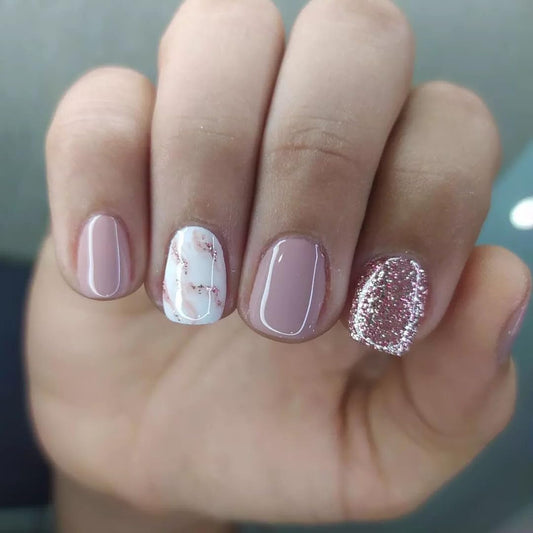 Press on Nails Short Square, Light Purple Fake Nails Kit with Silver Glitter Designs, Glossy Acrylic Press on Nails, Thick Reusable Glue on Nails Short Press on Nails for Women, Gleaming Lilac