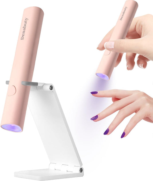UV Light for Gel Nails, Denabuty Mini U V LED Nail Lamp Handheld with Stand, Portable Nail Dryer Rechargeable USB Cordless, Nail Light with 2 Timers for Fast Drying, Pink