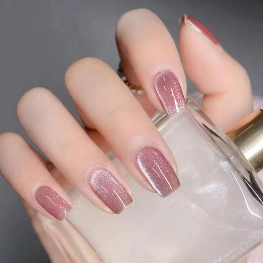 evpct Pale Mauve Cat Eye Short Press on Nails Square, Glue on Nails Short Square for Women Gift, Mauve Metallic Glitter Glossy nails press ons, Reusable Stick Press on Acrylic Fake Nail with Designs