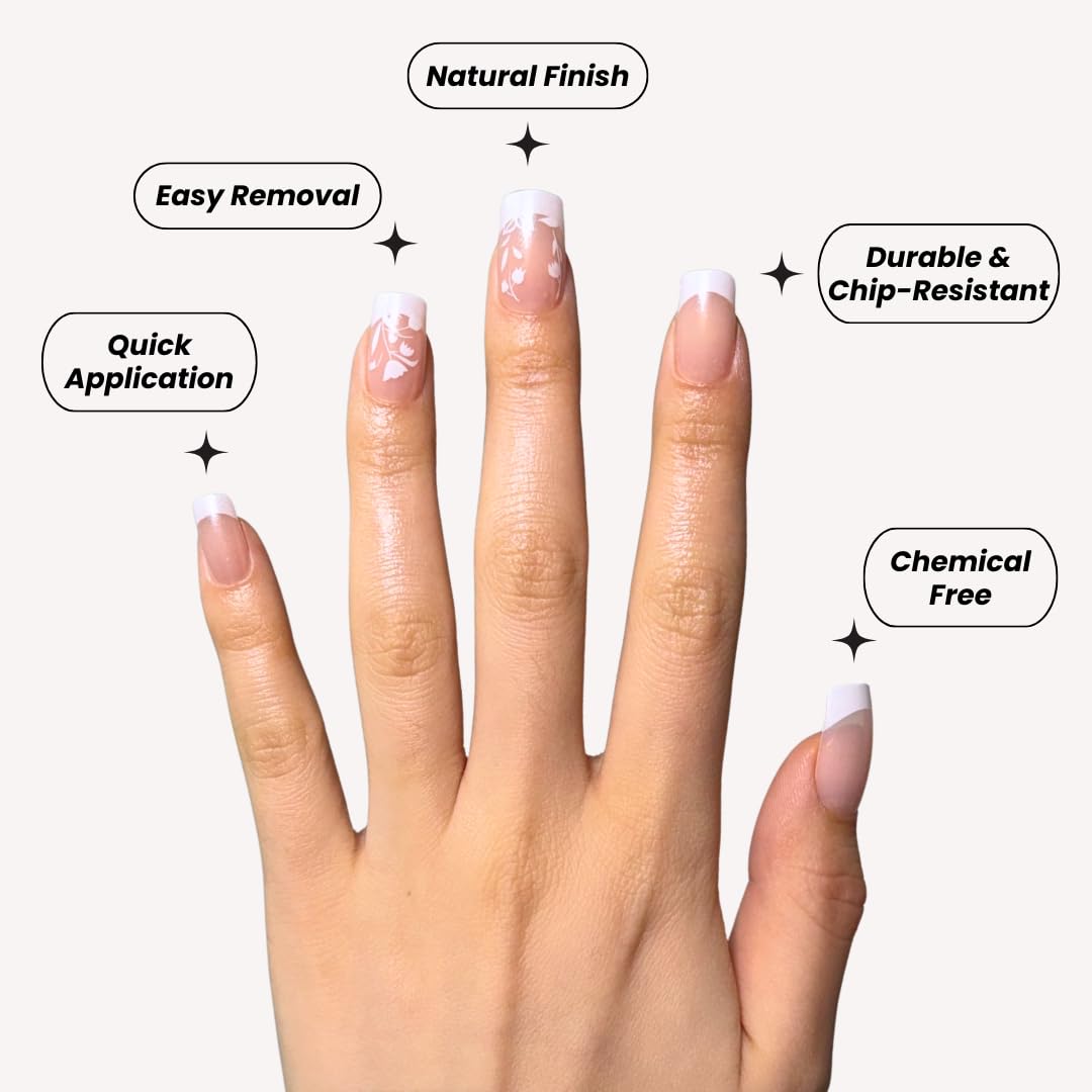 Perfect Look Press On Nails - Floral French | No Glue One-Day Medium Square Nails, Nude Glossy Nails with Flower Tips - 24 Pcs Nail Kit with Adhesive Tabs