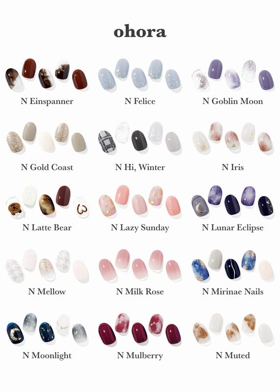 ohora Semi Cured Gel Nail Strips (N Moonlight) - Dark, Patterned, Works with Any UV/LED Lamps, Salon-Quality, Long Lasting, Easy to Apply & Remove - Includes 2 Prep Pads, Nail File & Wooden Stick
