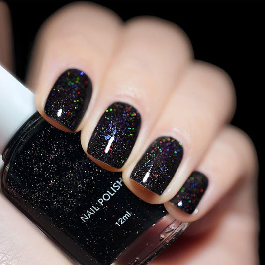 COSMOO Black Glitter Quick Dry Nail Polish, 12ml, Chip Resistant, Vegan, Fast Drying, Streak, Long Lasting