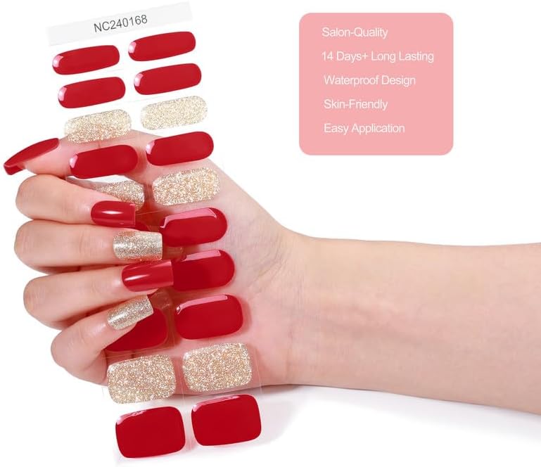 Gel Nail Strips 20 Pcs Wraps - Red Gold Glitter, Easy Apply Gel Nail Stickers Long Lasting, Salon-Quality, 2 Prep Pads, 1 File, 1 Wooden Stick, UV Light Required