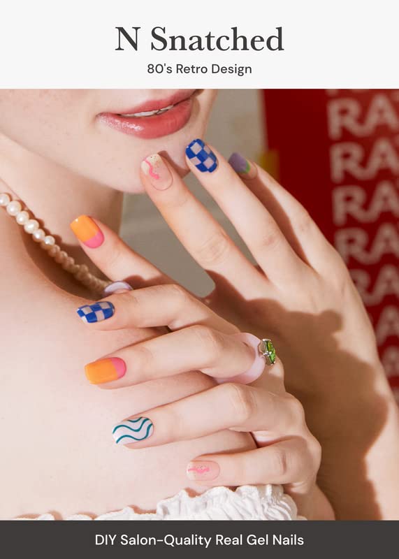 ohora Semi Cured Gel Nail Strips (N Snatched) - Blue, Patterned, Works with Any UV/LED Lamps, Salon-Quality, Long Lasting, Easy to Apply & Remove - Includes 2 Prep Pads, Nail File & Wooden Stick