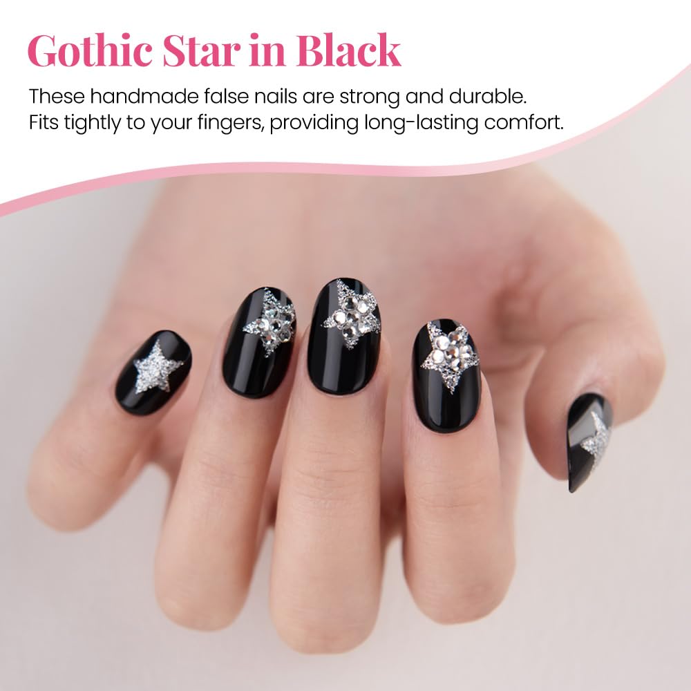 evpct Black Goth Cat Eye Short Press on Nails Oval, Short Oval Glue on Nail for Women Gift, Gothic Silver Star Metallic Glitter Glossy Reusable Spring Summer Gel Press on Acrylic Fake Nail with Design
