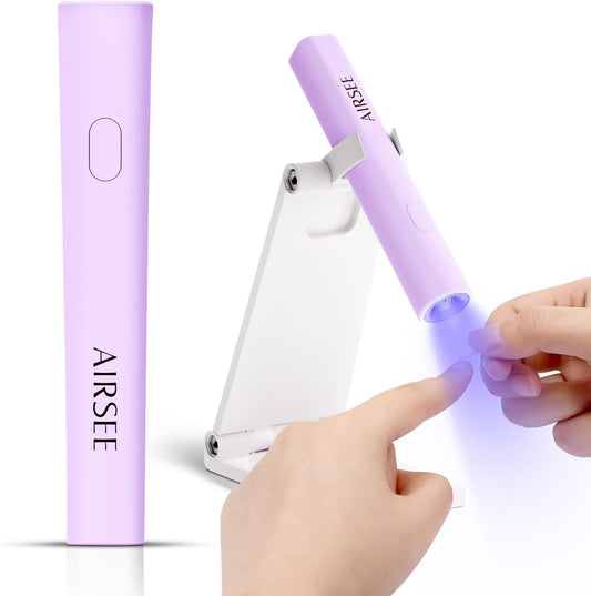 AIRSEE Mini Handheld UV Light with Stand,Portable Rechargeable Nail Lamps,2 Timers for Fast Nail Extension,Rhinestone Glue Decoration,Gel Strips at Home,Travel(Purple)