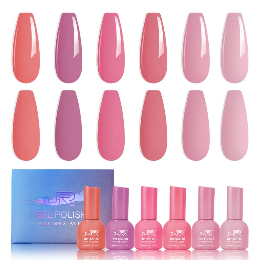 JR 15ml 6 Pcs Gel Nail Polish Set Colorful Collection Pink Nail Polish Kit Soak off UV Gel Polish Manicure Nail Salon for Women (137H, 15ml)