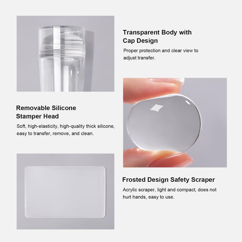 4Sets French Nail Art Stamper, with Nail Scraper and Replaceable Stamper Head, Home Manicure Starter Tool Salon, French Silicone Nail Stamper Kit for DIY Nail Decor