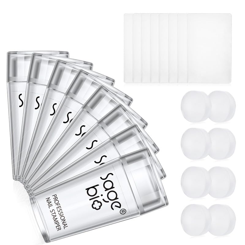 8Sets French Nail Art Stamper, with Nail Scraper and Replaceable Stamper Head, Home Manicure Starter Tool Salon, French Silicone Nail Stamper Kit for DIY Nail Decor