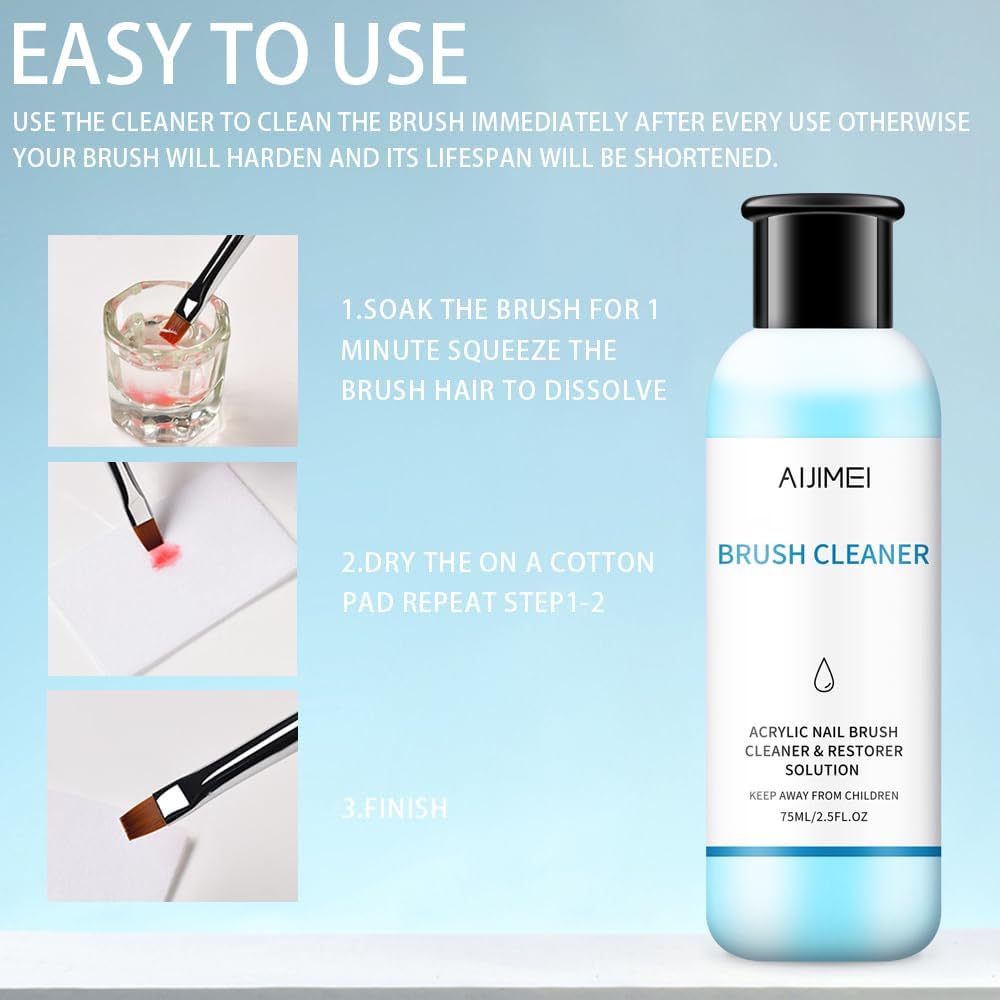 AIJIMEI Acrylic Nail Brush Cleaner 2.5FL.OZ 75ML Acrylic Brush Cleaner Liquid Acrylic Nail Brushes Nail Art Tools for Salon Home Use Acrylic Paint Brush Cleaner-75ml