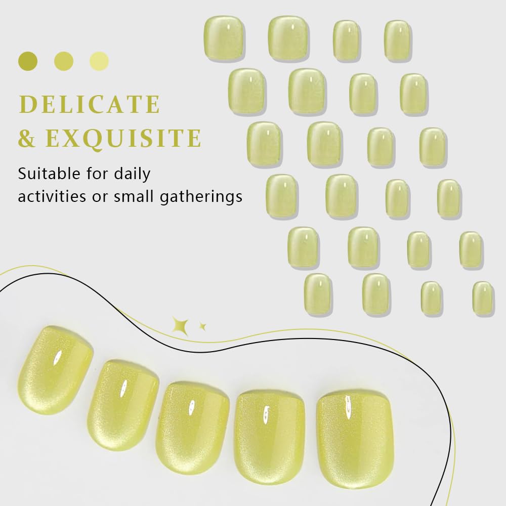 evpct Light Green Cat Eye Extra Short Press on Nails Square, Petite Short Square Glue on Nails for Women Gift, Avocado Metallic Glitter Glossy Reusable Gel Press on Acrylic Fake Nail with Designs